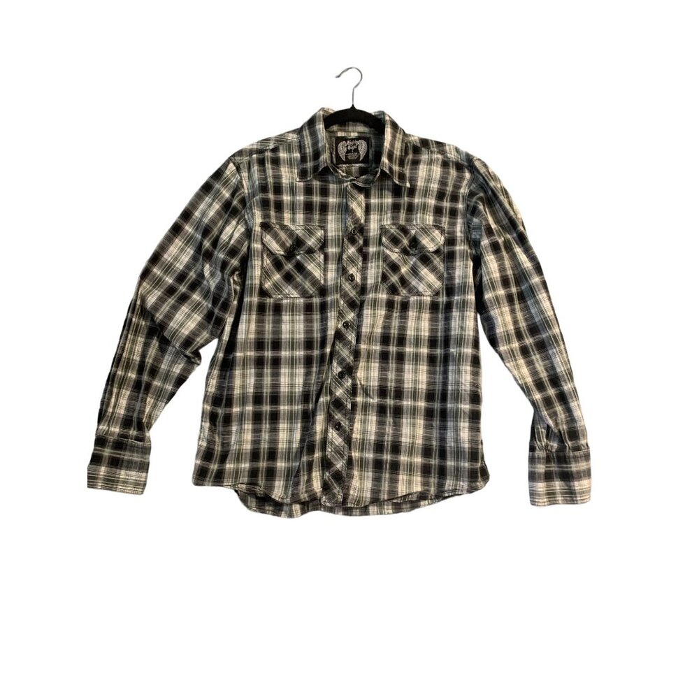 Eighty Eight Mens Size Large Black Plaid Green White Long Sleeve Button Up Shirt